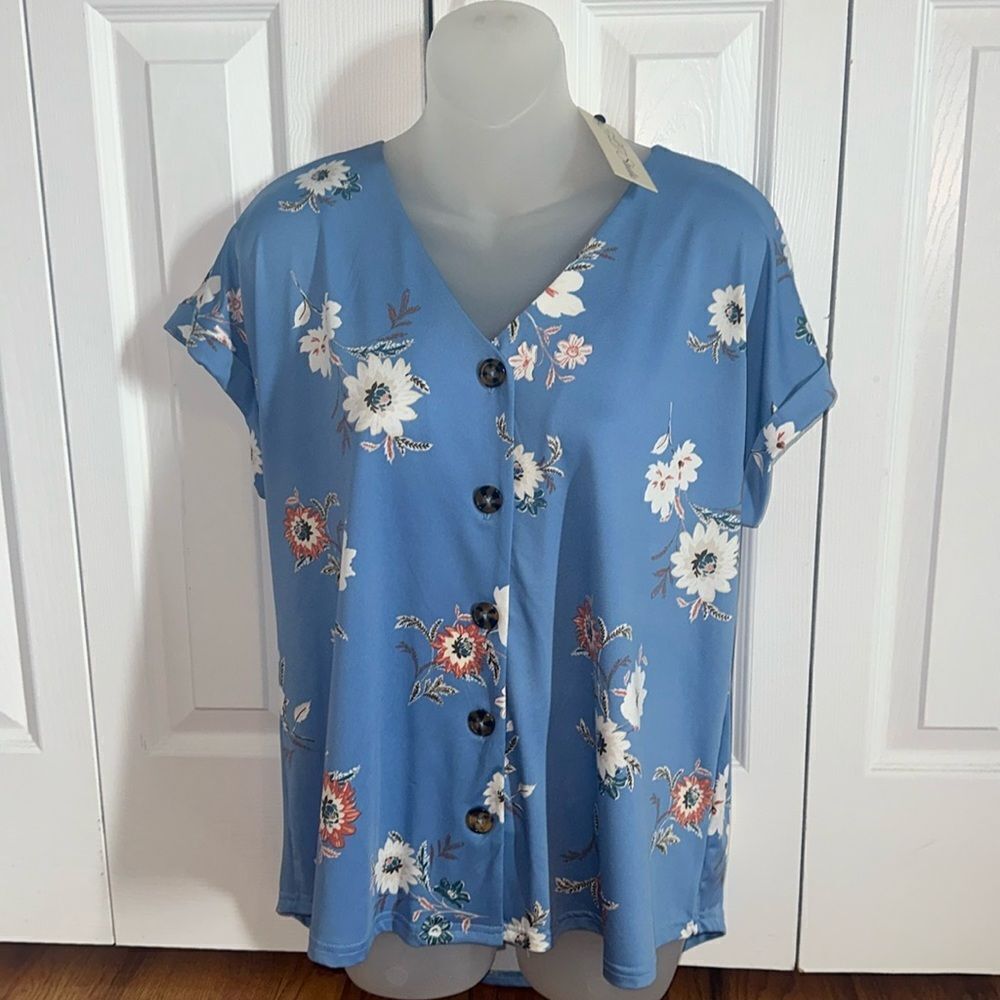 Floral button high low silky boho top shirt blouse women’s blue medium m NWT